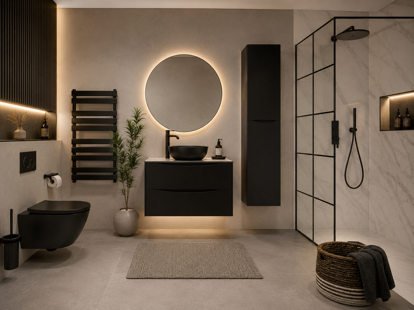 Designer black bathroom suite with vessel basin, walk-in shower and towel radiator