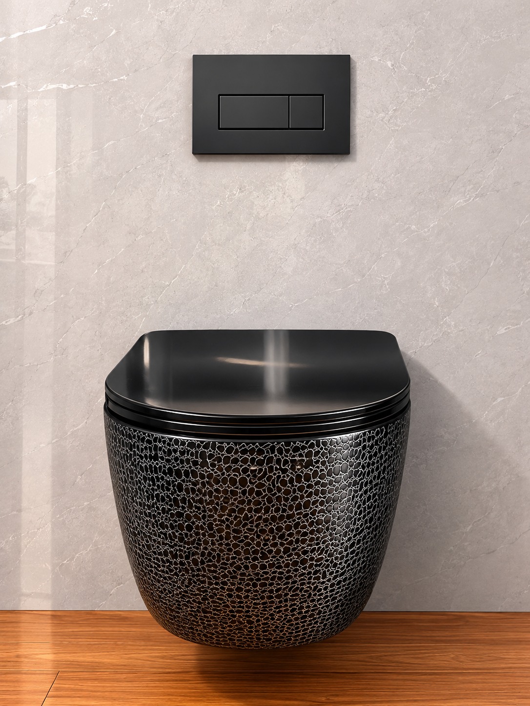 Designer wall-hung WC with black flush plate