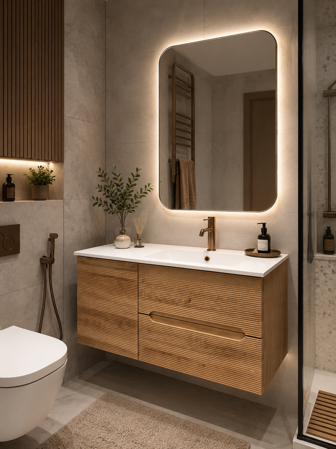 Warm wood-effect fluted vanity with backlit mirror and brushed brass tap