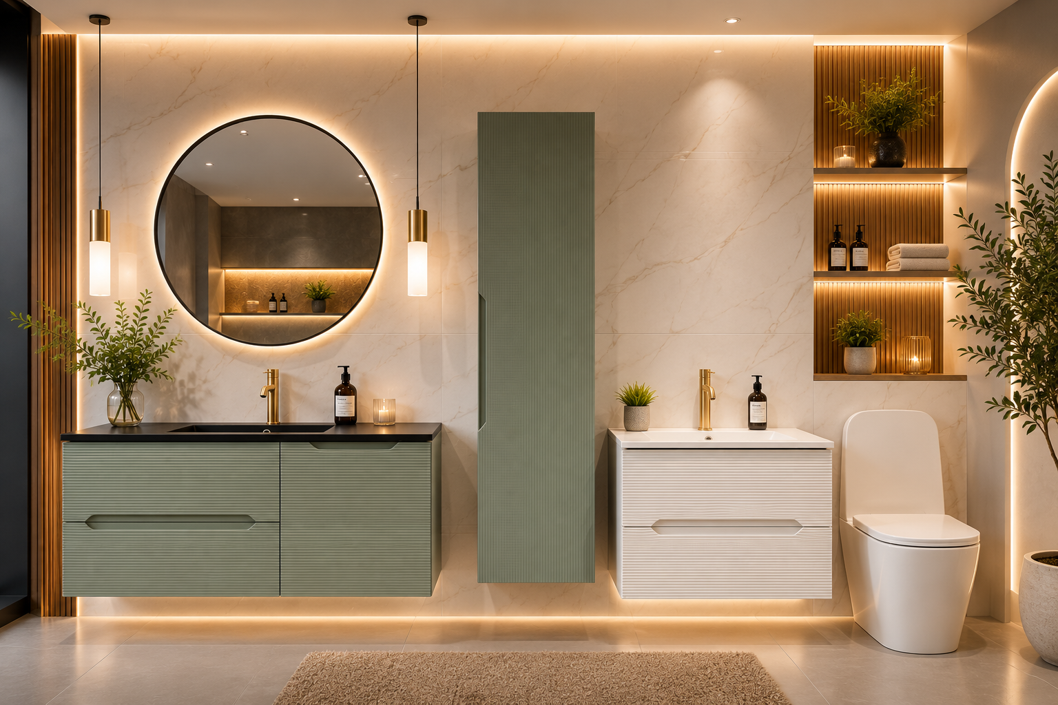 Modern bathroom with sage green vanity, round LED mirror and tall storage