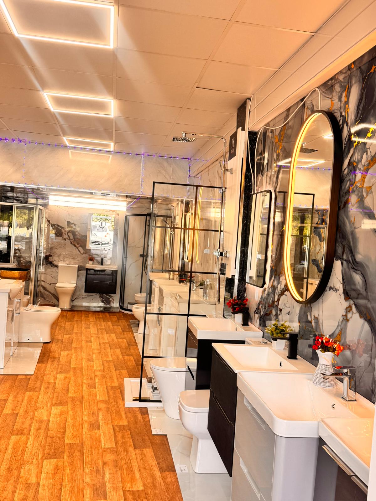 Wide view of the Southall bathroom showroom with vanities and mirrors